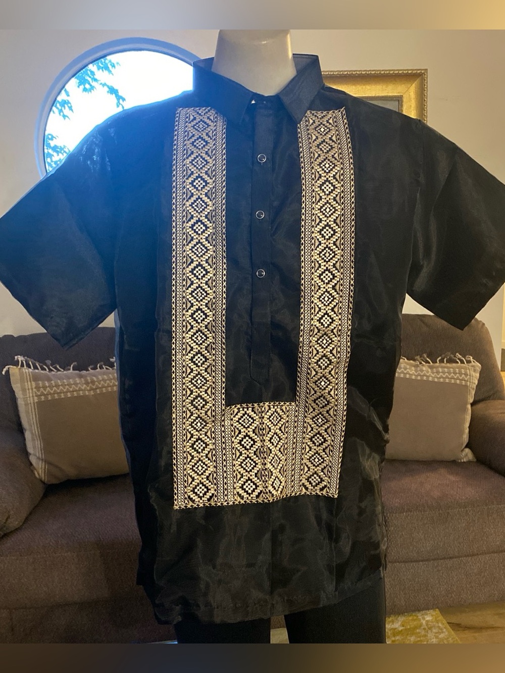 Black Embroidered Men's Short-Sleeve Barong Tagalog L Shirt